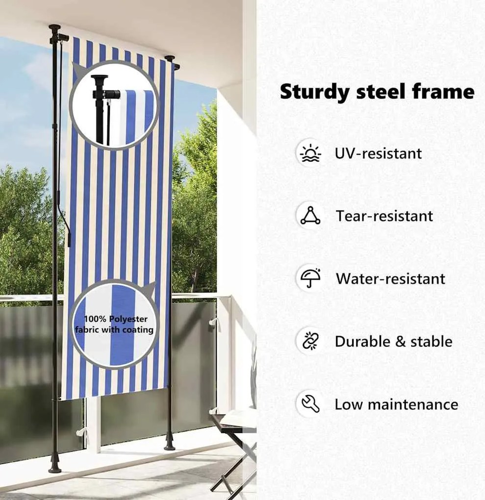 kék és fehér szövet és acél kültéri roló 100 x 270 cm