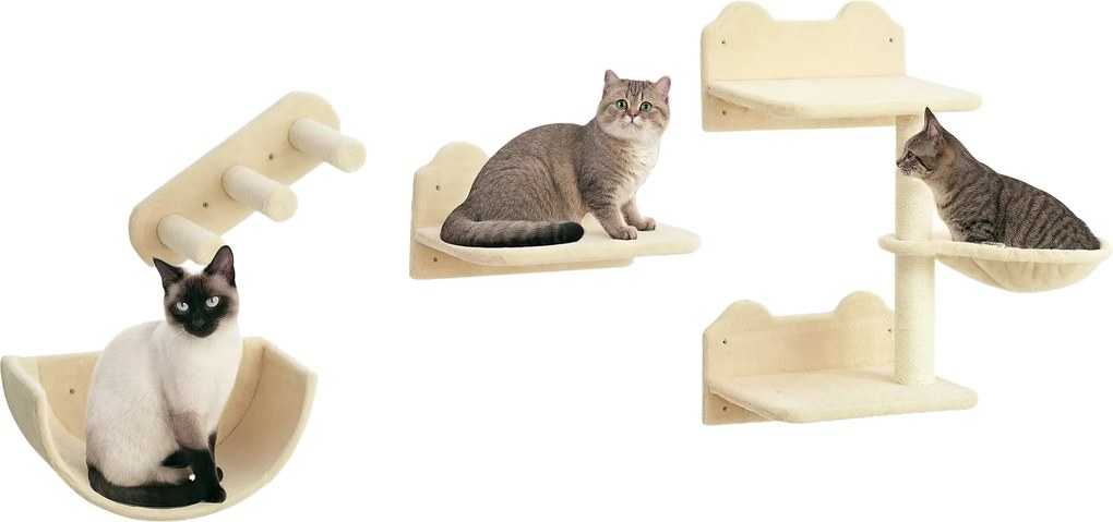 PawHut Macska Mászófal 4 Darabos Készlet Macska Lépcsővel, Macska Híd, Hammock, Kaparóoszlop Ugró Platformmal, Falra Szerelhető Macska Fa, Falra Szere
