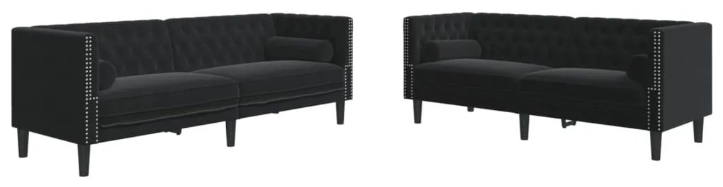 2 részes fekete bársony Chesterfield kanapészett párnákkal