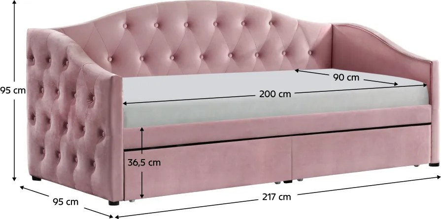 Ágy tárhellyel, 90x200, rózsaszín Velvet szövet, ZASKA