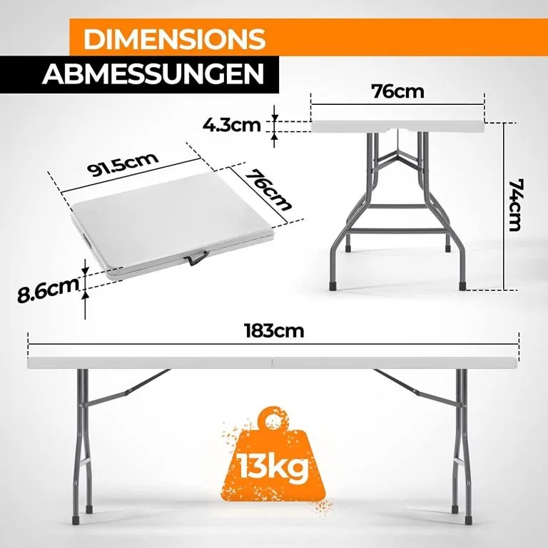 JAGO Összecsukható asztal 8 személyes 183 cm fehér