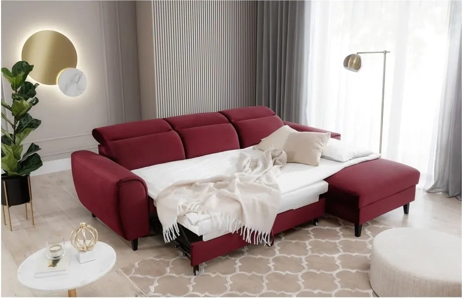 Piros bársony kinyitható-tárolóhelyes sarokkanapé (jobb oldali-heverő résszel) Foble – ELTAP
