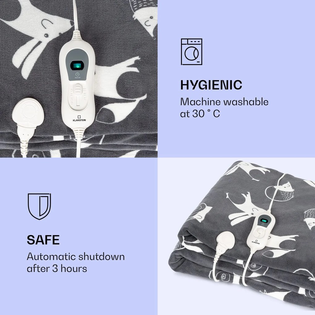 Klarstein Dr. Watson XXL, melegítő takaró, 120 W, 200 x 180 cm, coral fleece, antracit, állatok