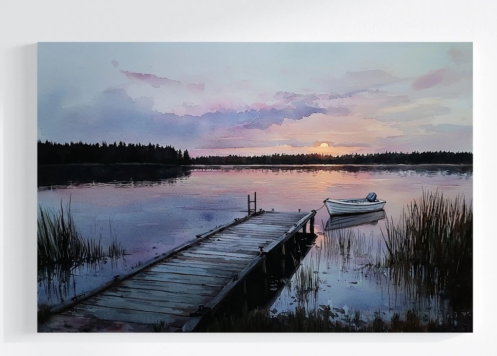 Vászonkép Canvas Tájkép Tó Kikötő Móló Csónak Nap 60x40