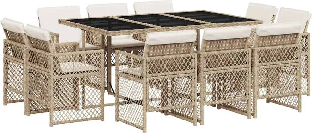 vidaXL 11 részes bézs polyrattan kerti étkezőgarnitúra párnákkal