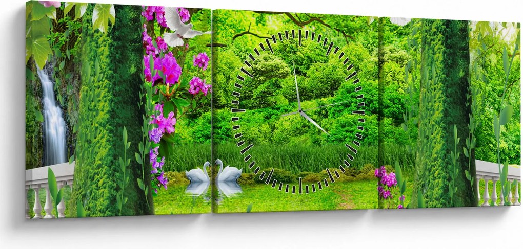 Kép - Varázslatos kert hattyúkkal (órával) (90x30 cm)