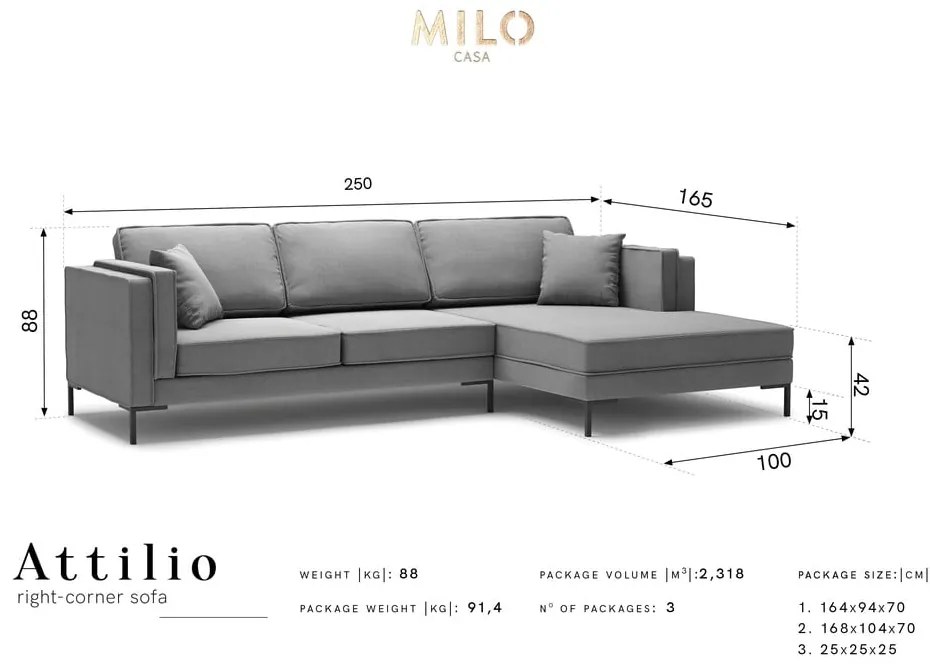 Attilio szürke sarokkanapé, jobb oldali - Milo Casa