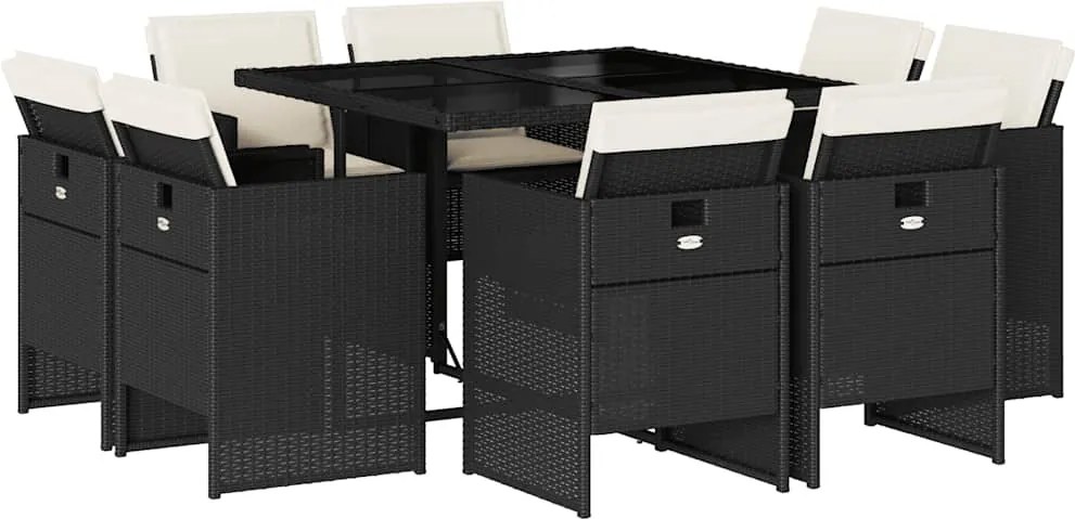 vidaXL 9 részes fekete polyrattan kerti étkezőgarnitúra párnákkal