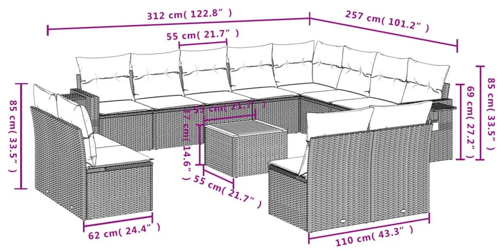 13részes vegyes bézs polyrattan kerti ülőgarnitúra párnákkal