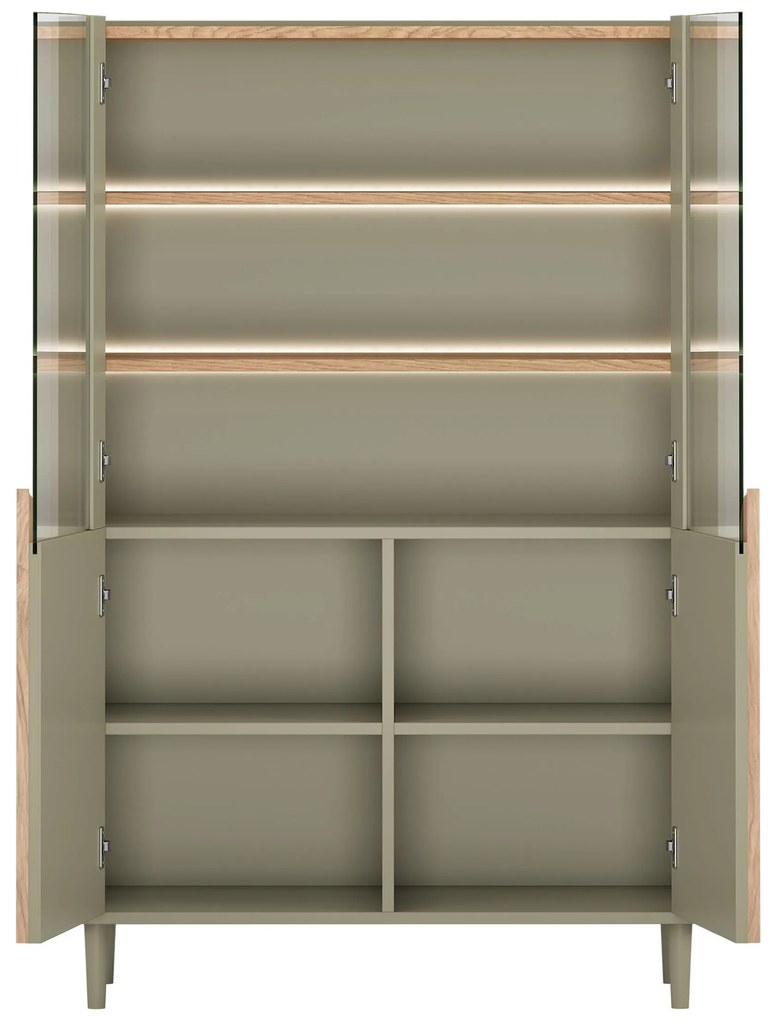 Amilio vitrines szekrény 100 cm kétajtós lábakon - eukaliptusz / baltic dune tölgy / natúr tölgy fogantyúk