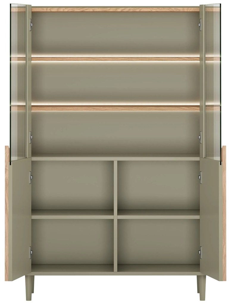 Amilio vitrines szekrény 100 cm, kétszárnyú, lábakon - eukaliptusz / baltic dune tölgy / natúr tölgy fogantyú