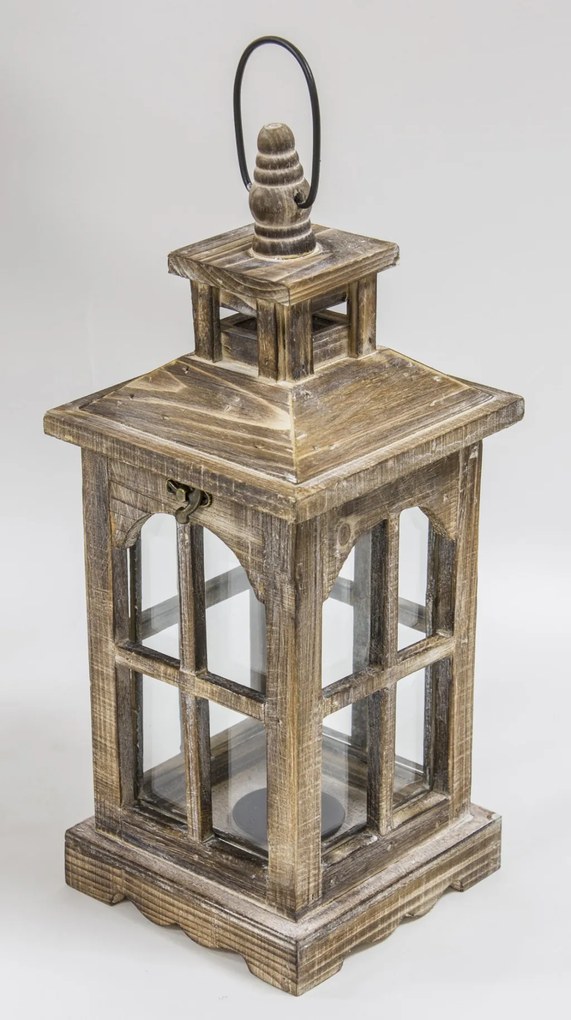 Vintage barna koptatott fa mécsestartó üvegezett lámpás lantern 3db-os szett 80x31 / 59x23 / 42x16cm