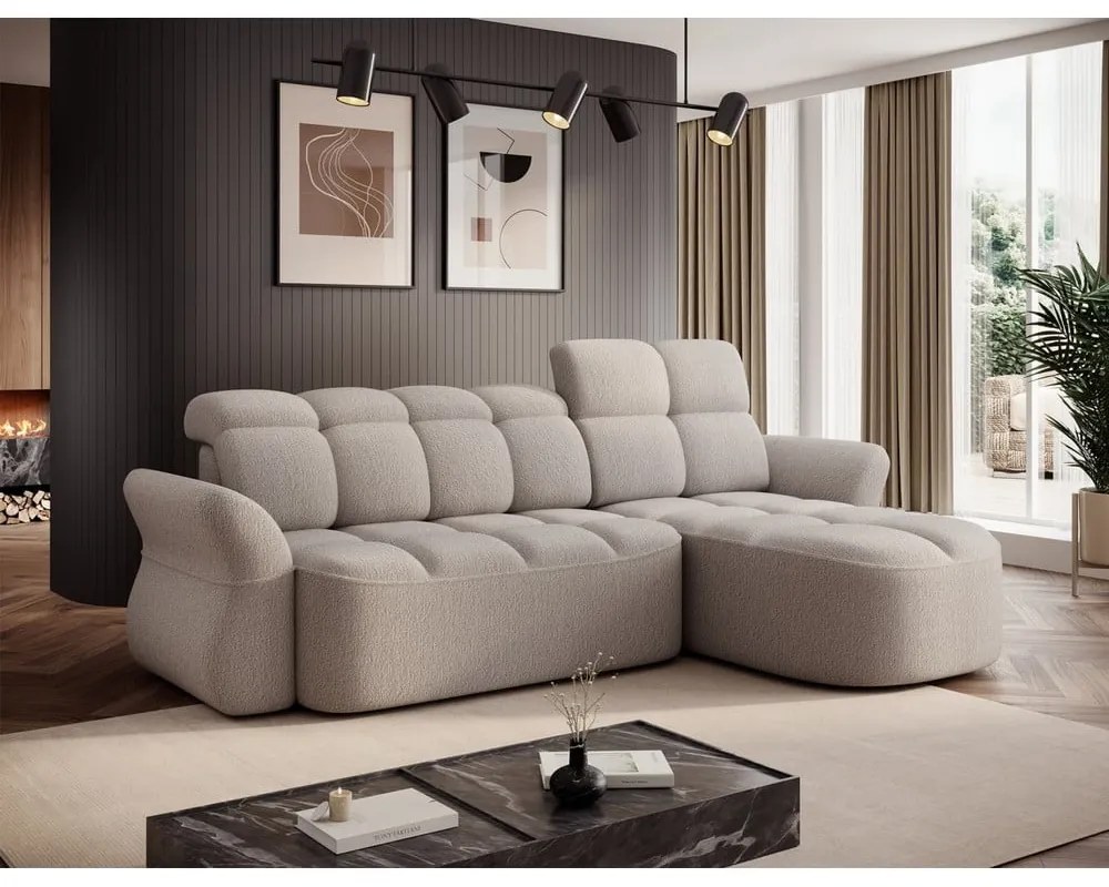 Bézs buklé kinyitható-tárolóhelyes sarokkanapé (jobb oldali-heverő résszel) Beneth – ELTAP