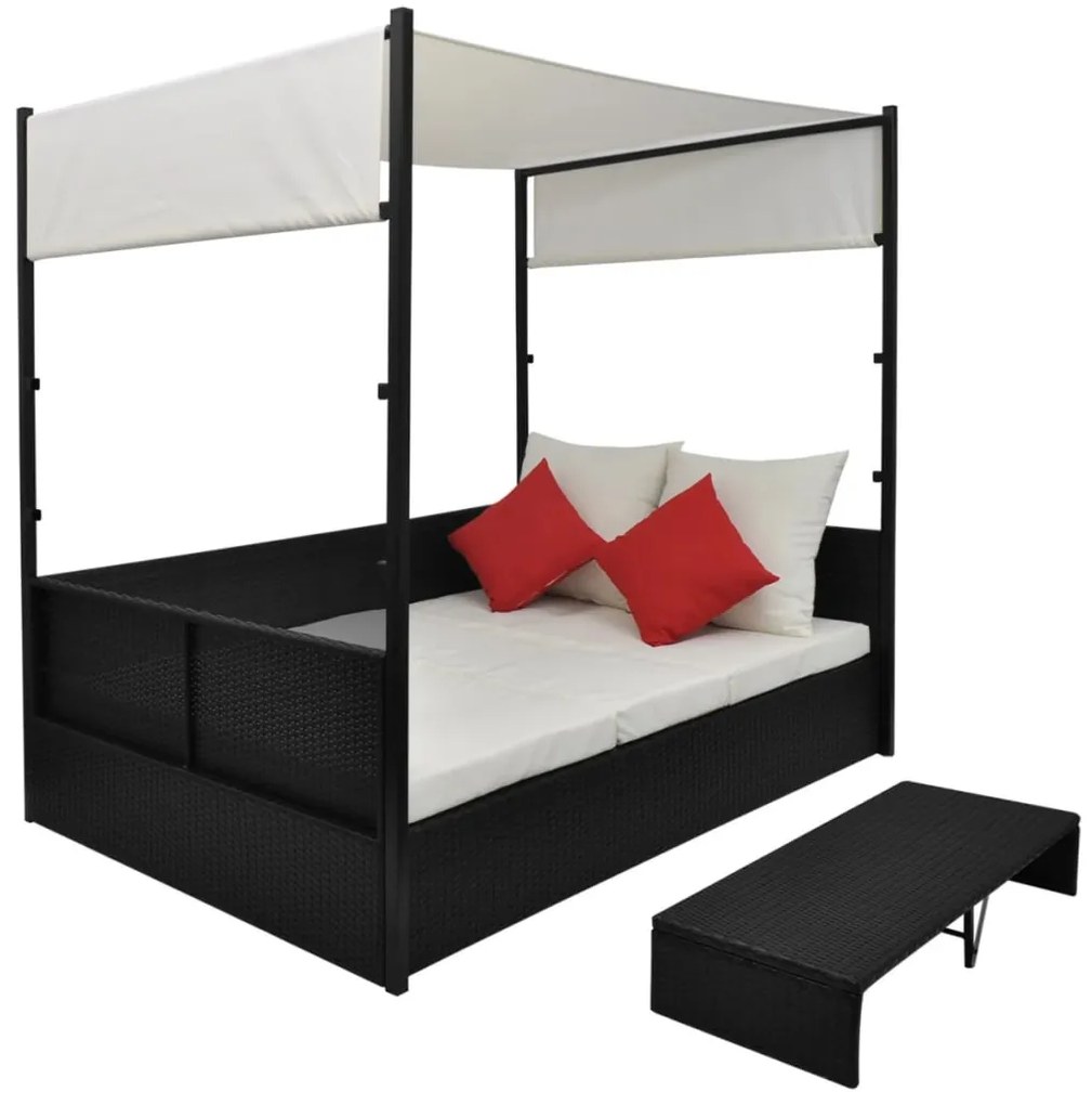 Fekete polyrattan napellenzős kerti ágy 190 x 130 cm
