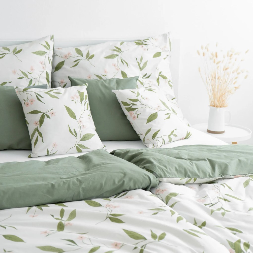 Goldea pamut ágyneműhuzat duo - jázmin virágmintás, zsálya színű hátoldal 140 x 220 és 70 x 90 cm