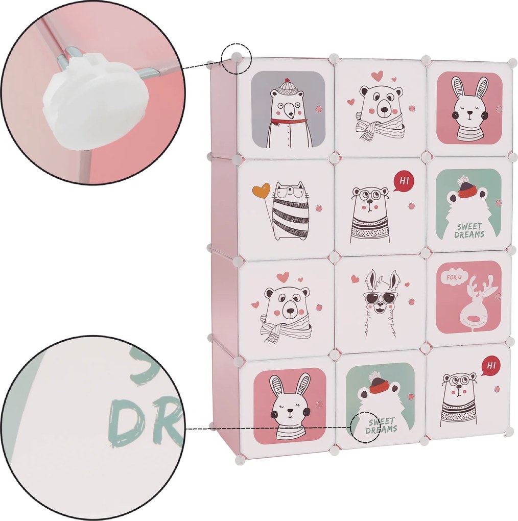 Gyerek moduláris szekrény, rózsaszín/gyerek minta, NURMI