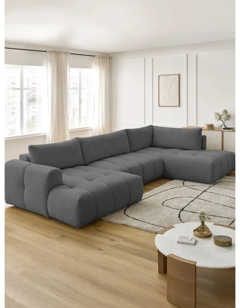 Sötétszürke kinyitható-tárolóhelyes sarokkanapé (jobb oldali-U alakú) Fuji – Bobochic Paris