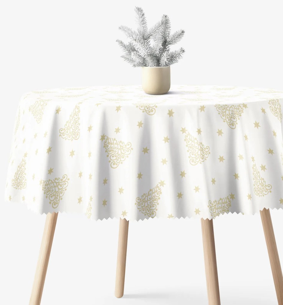 Goldea karácsonyi kör alakú teflonos terítő - aranyszínű karácsonyfák és csillagok Ø 110 cm
