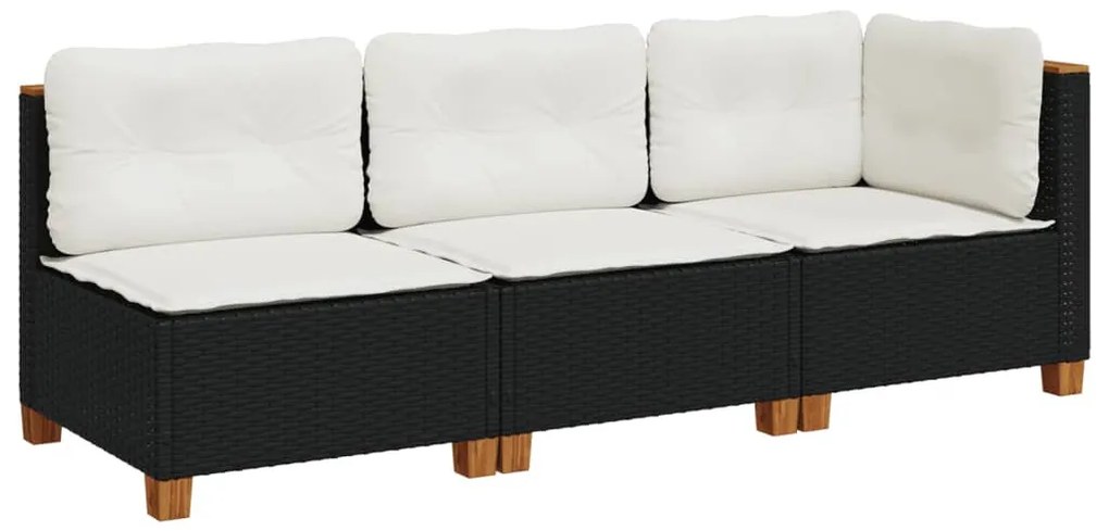 Fekete 3 személyes polyrattan kerti kanapé párnákkal