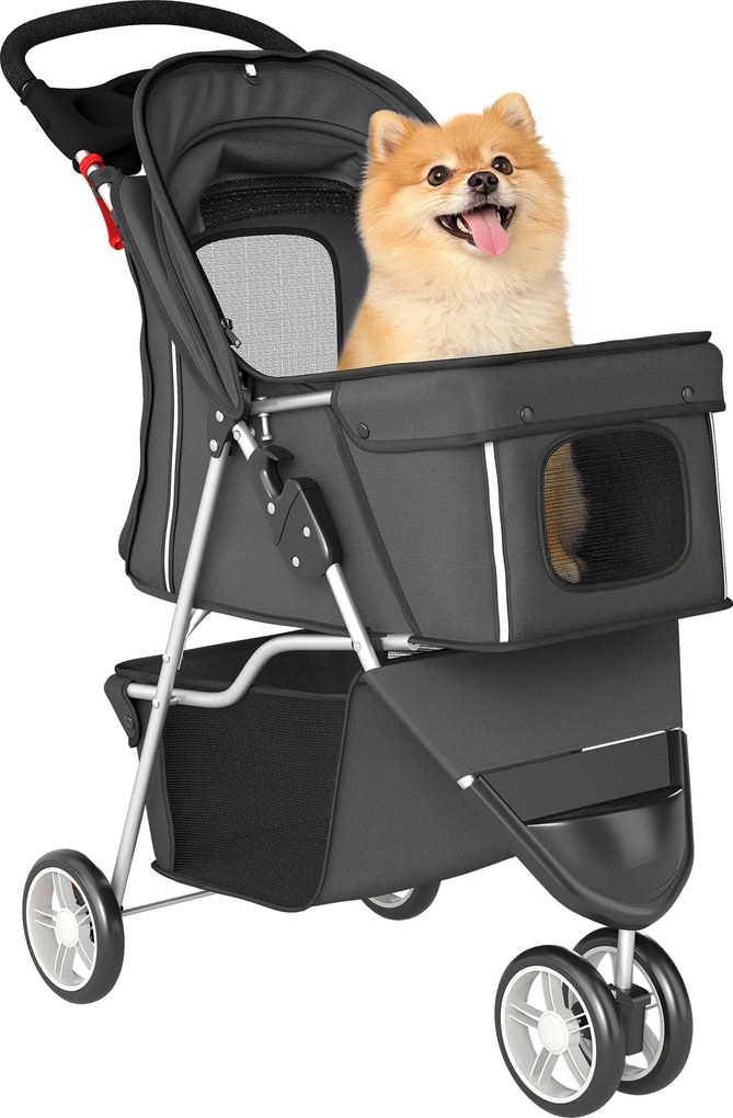 PawHut összecsukható kutyakocsi kis kutyáknak — tárolókosár, hálós ablakok, pohártartó, 10 kg, 77×44×102 cm, sötétszürke | Aosom