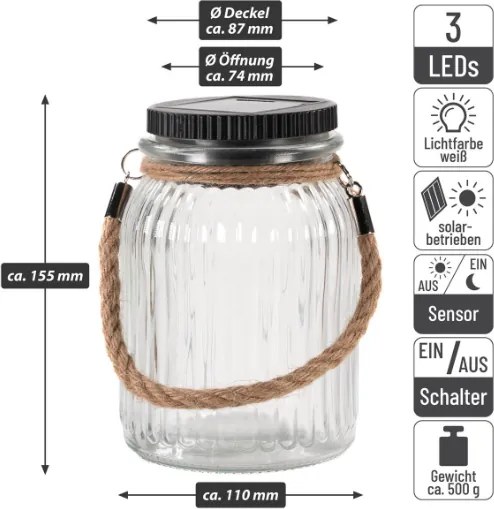 Napelemes üveg akasztóval 3 LED szolár üveg fehér