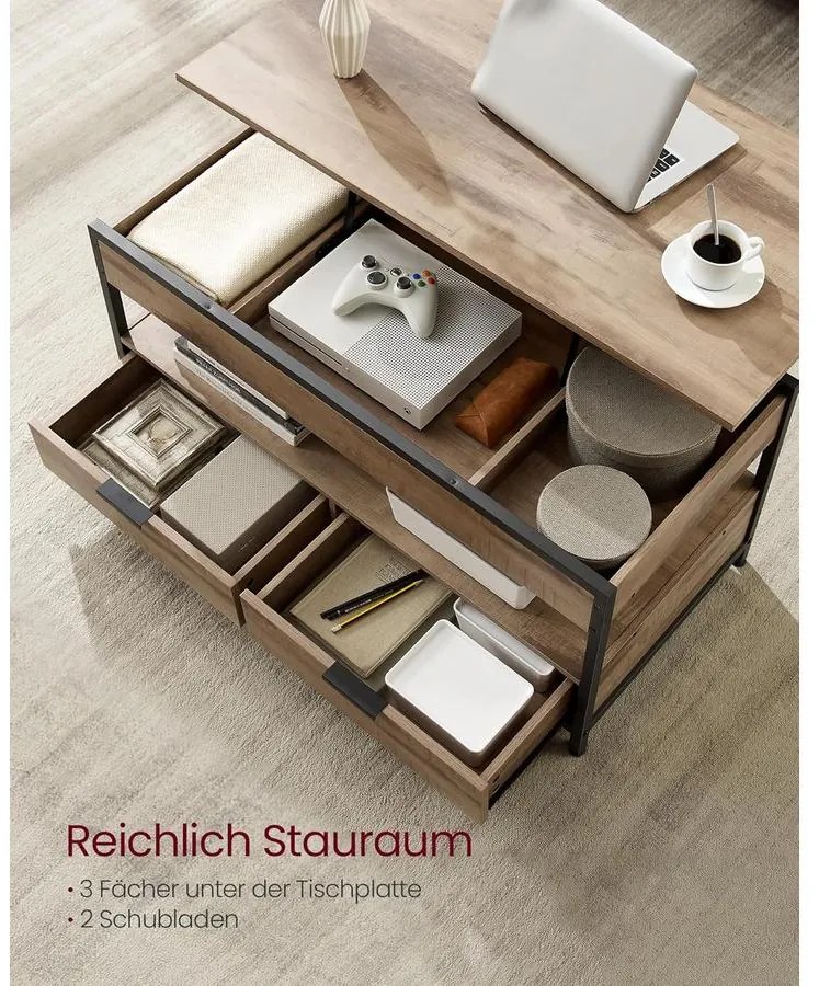 VASAGLE magasságban állítható dohányzóasztal, 50 × 100 cm, karamellbarna–tintafekete színben