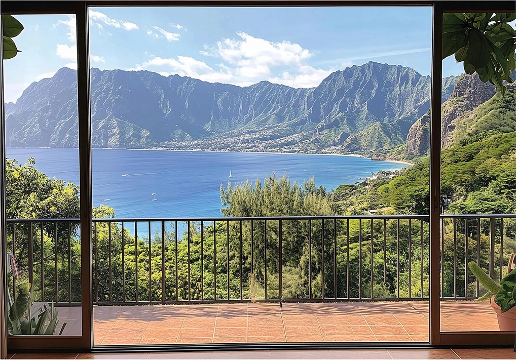 Fotótapéta kilátás a trópusi hegyekre és a tengerre a nappaliba hálószoba iroda 3D 415