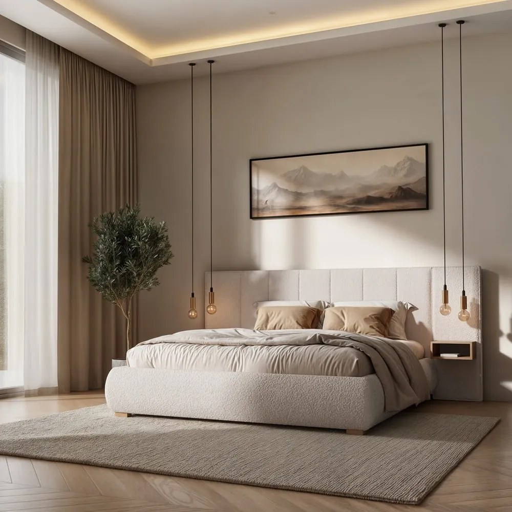 Krémszínű kárpitozott franciaágy ágyráccsal 180x200 cm Fioro – MESONICA