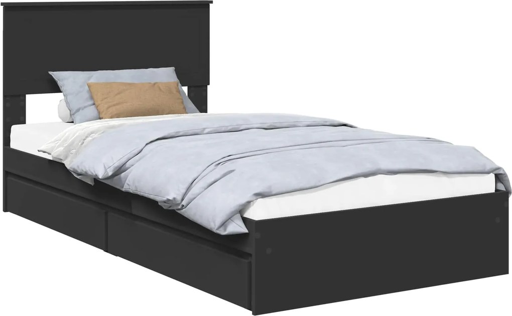 vidaXL Tárolós Ágy fejtámlával fiókkal Fekete 100 x 200 cm Faanyag