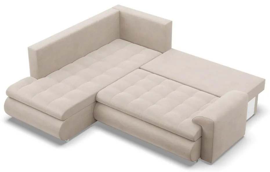 Tokio sarokkanapé, L alakú háttámlával, 2 ágyneműtartóval, bársony, baloldali, bézs