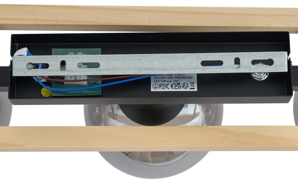 Smart Ceiling Lamp Black with Wood and Smoke Glass 3-Lights incl. WiFi A60 - Aleks