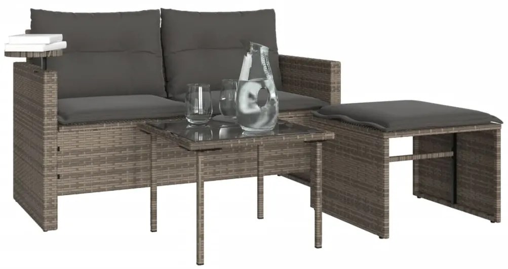 3 részes szürke polyrattan kerti ülőgarnitúra párnákkal