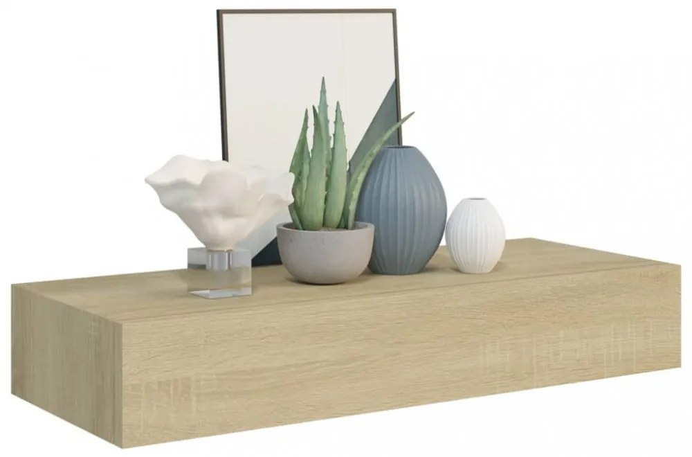 2 db tölgyszínű MDF falra szerelhető fiókos polc 60x23,5x10 cm
