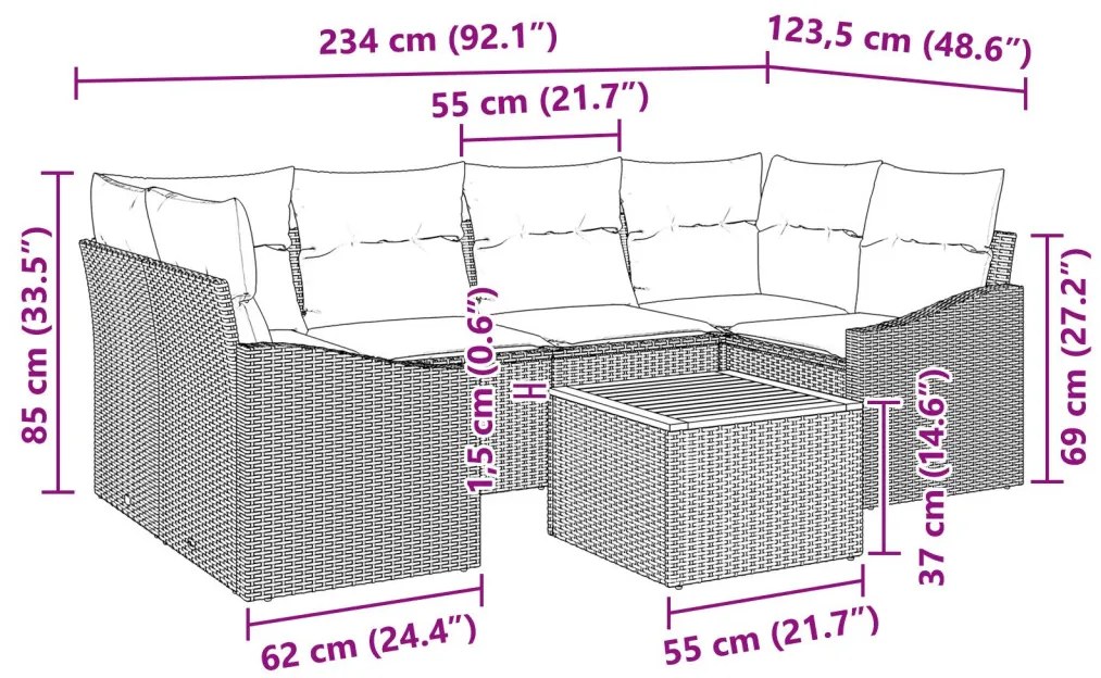 7 darabos Kert Kanapé Szett Párnákkal Fekete Poly Rattan Akác