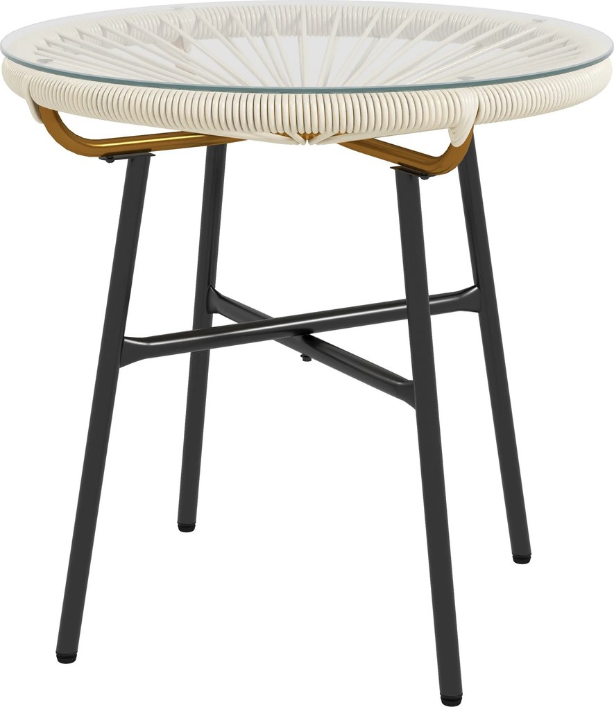 Outsunny Szintetikus Rattan Kertipari Kerek Kávézó Asztal Kültéri Használatra Edzett Üveg Felsővel és Fém Lábakkal, Teraszra, Erkélyre Ø50x50 cm Krém