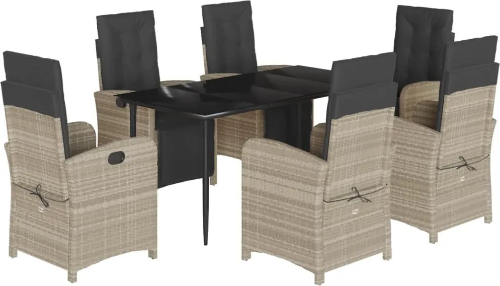 vidaXL 7 részes világosszürke polyrattan kerti étkezőszett párnával