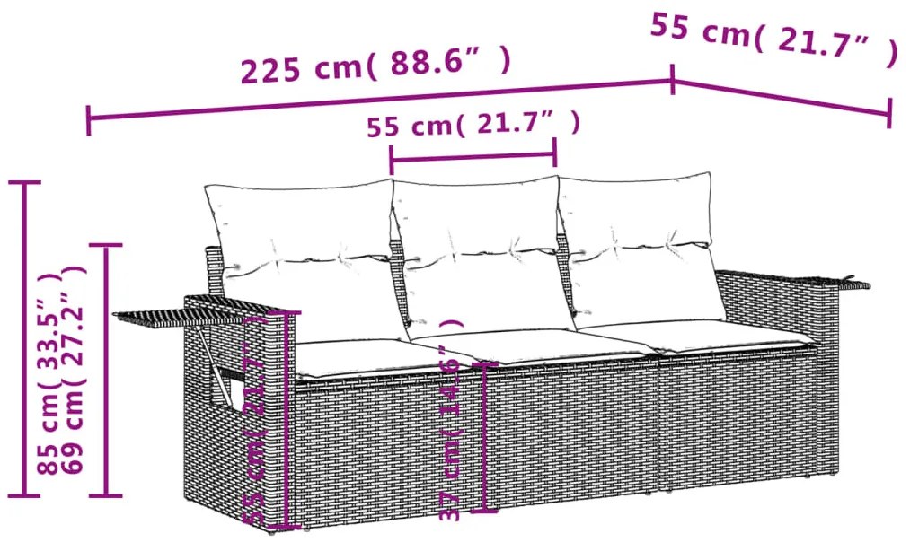 3 részes barna polyrattan kerti ülőgarnitúra párnával