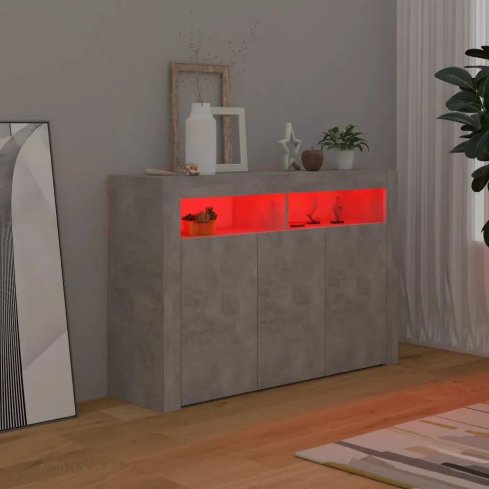 betonszürke tálalószekrény LED-világítással 115,5 x 30 x 75 cm