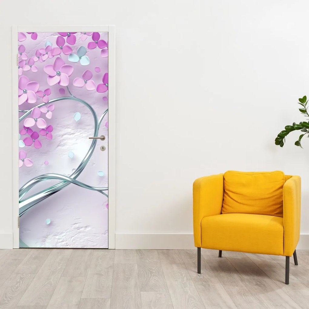 Fotótapéta ajtóra - Virágok ezüst törzsön, absztrakt (95x205cm)