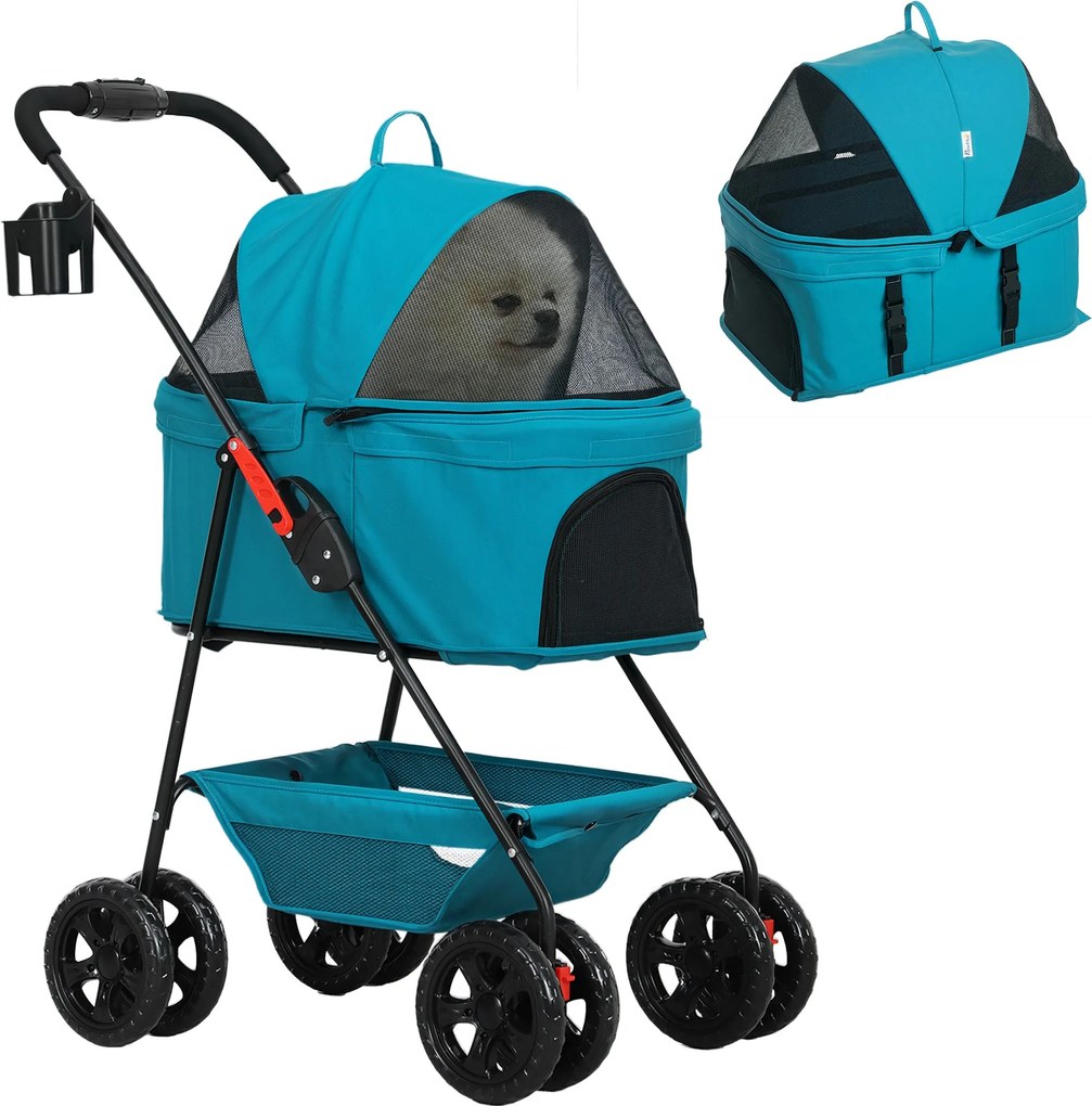 PawHut Kutya Sportkocsi 3 az 1-ben - Összecsukható Kutya és Macska Kocsi 4 kg-ig - Macska Sportkocsi Párnával - Türkiz | Aosom