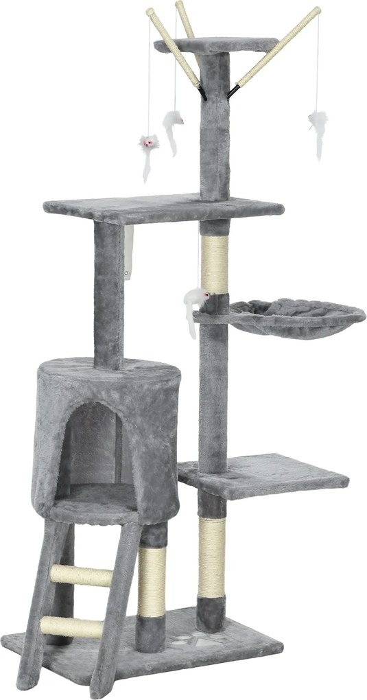 PawHut Kaparófa 134,2 cm Kiscica Torony Barlanggal, 2 Játék Sziszál Oszlopokkal, Nagy Platformmal, Lépcsőkkel, Több Szintes Kaparófa, Mászófa Közepes