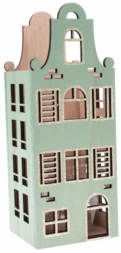 Ház fa gyertyatartó üveggel világoszöld , 10 x 26 x 9 cm