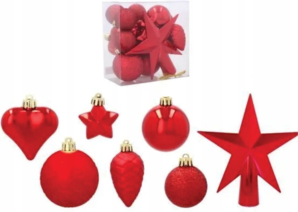 19 darabos karácsonyfadísz szett, válogatott minták, piros színben Nagyszerű!