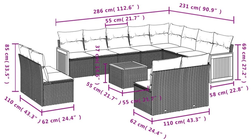 13 részes fekete polyrattan kerti ülőgarnitúra párnákkal