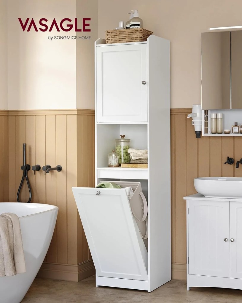 Magas fürdőszobai szekrény szennyeskosárral,  tárolóegységgel, felhőfehér