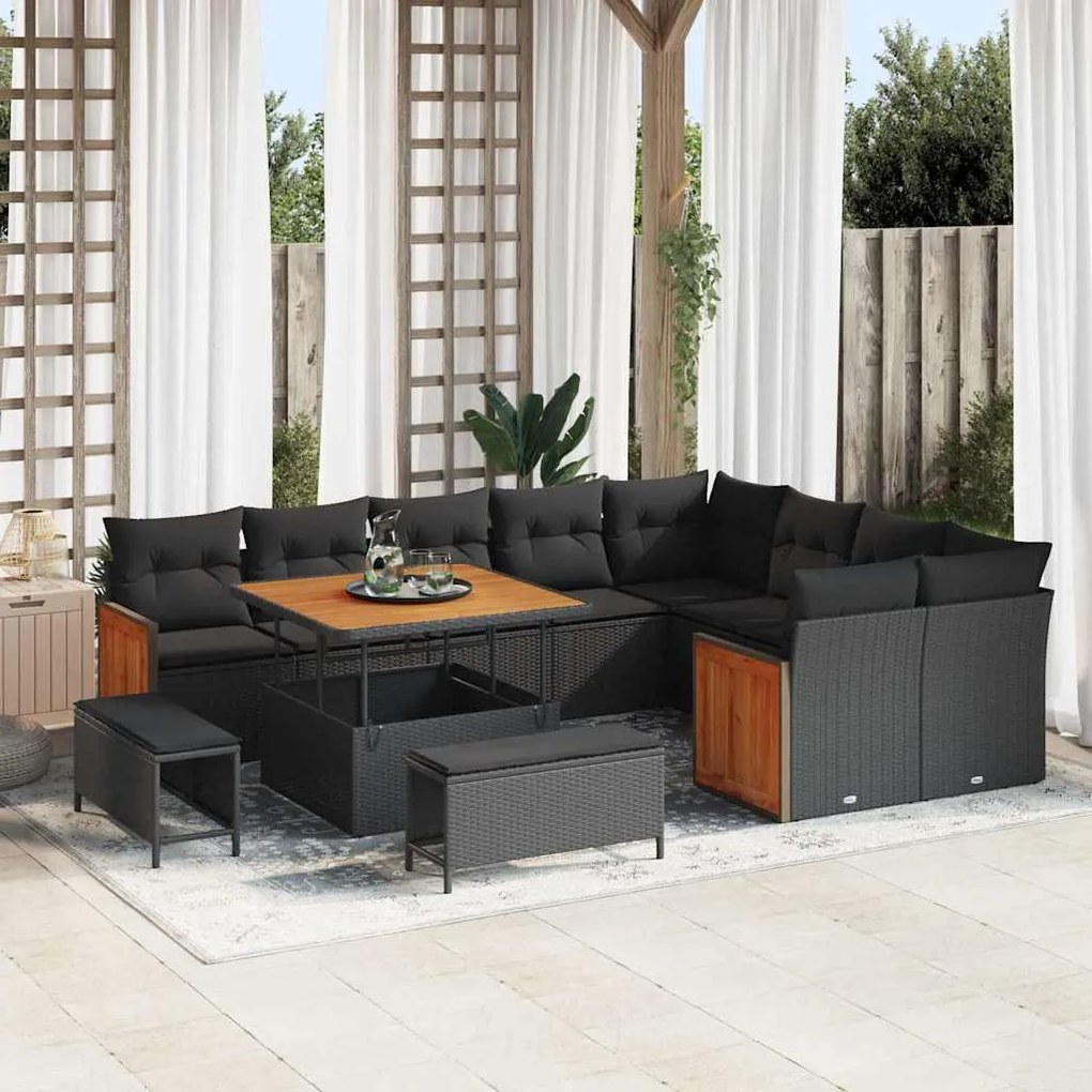 Kerti Kanapé Szett 12 pcs Fekete 100 x 100 x 71 cm polirattan