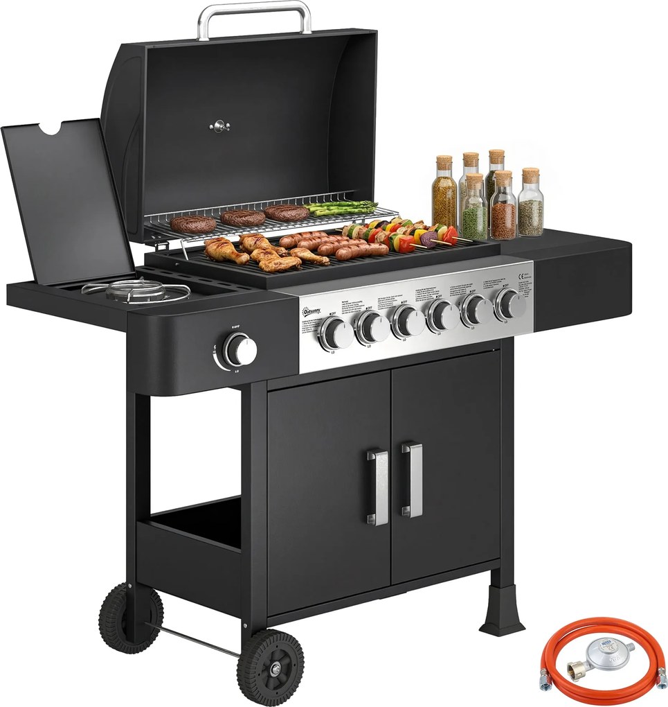 Outsunny 17,8 kW (kb. 60 700 BTU) 6+1 égős rozsdamentes acél gázgrill kocsi oldalégővel, hőmérővel, zománcozott rácsokkal, melegen tartó ráccsal, olda