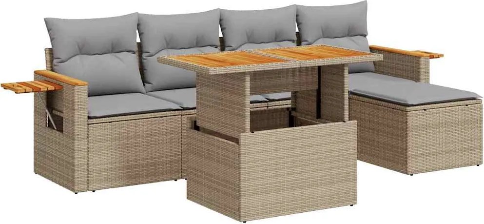vidaXL 6 részes bézs polyrattan akácfa kerti ülőgarnitúra párnával