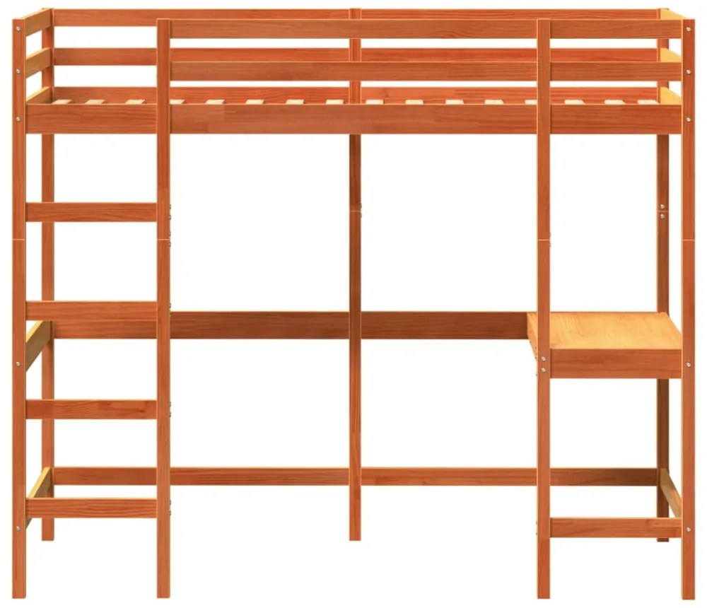viaszbarna tömör fenyőfa galériaágy íróasztallal 100 x 200 cm