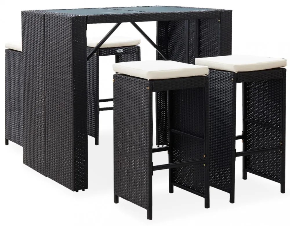 5 részes fekete polyrattan és üveg kültéri bárgarnitúra